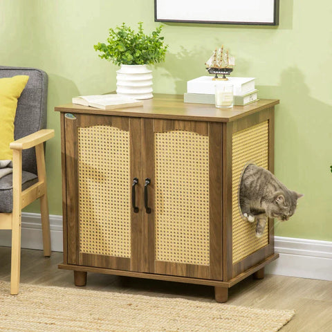 Rootz Cat Litter Box - Cat Cabinet - Litter Box - Cat Chest - Litter Box Cat House - With Magnetic Doors - Drawers Cabinet - Walnut/Dark Gray - 70 x 48 x 68 cm