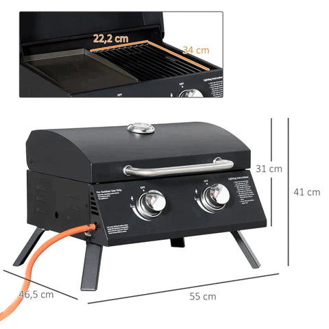 Rootz Table Grill - Gas Grill - Mobile Grill Trolley - Grill Net - Small Outdoor Table Gas Grill - With Pressure Reducer Hose - Stainless Steel - Black - 55 x 46.5 x 41 cm