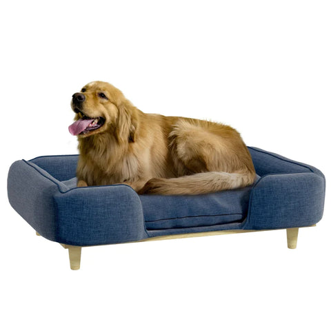 Rootz Dog Sofa - Anti-slip Pads - Pet Sofa - Easy Cleaning - Pet Bed - Removable - Washable Cushion - Polyester - Natural + Dark Blue - 96L x 66W x 24H cm