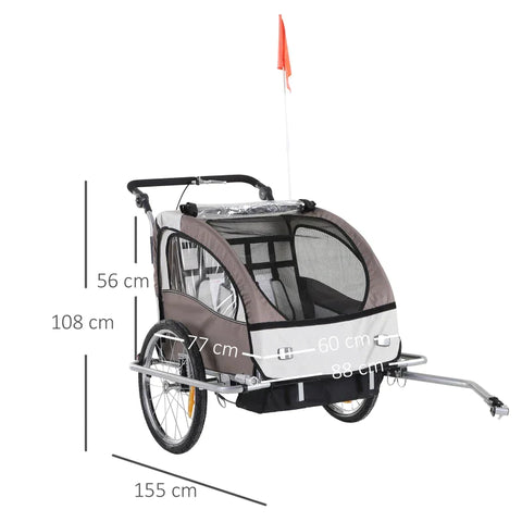 Rootz Child Trailer - Children's Bicycle Trailer - For 2 Children - With Flag Rain Protection Breathable - Cream/Coffee - 155 x 88 x 108 cm