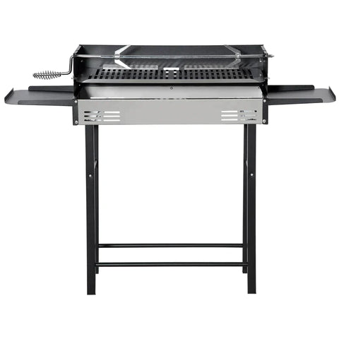Rootz Charcoal Grill - Camping Grill with Grill Grate and Rotisserie Kit - Foldable Side Shelves - Camping - Garden - BBQ - Stainless Steel + Metal - Black - 118 x 32 x 90 cm