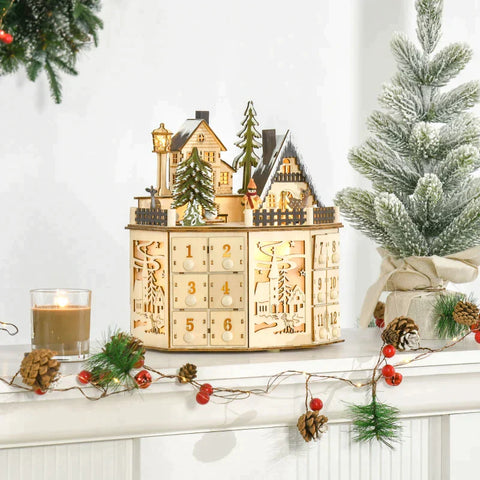 Rootz Christmas Advent Calendar - Christmas Calendar With LED Lights - With 24 Draw Boxes - Plywood Board - Natural Wood - 25 x 20 x 29 cm