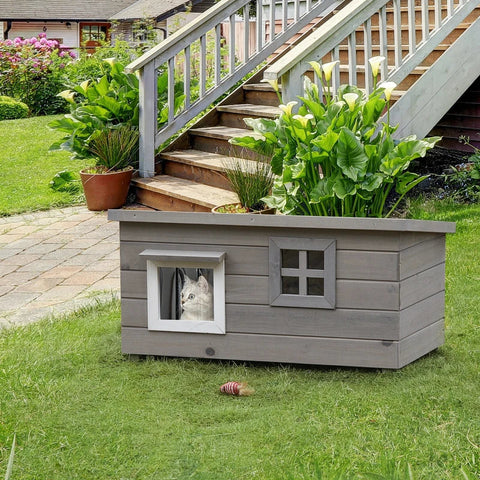 Rootz Cat House - Cat Hut - Cat Cave - Small Animal House - With Window - With Asphalt Roof - Fir Wood - Grey/Black - 87 x 52 x 48 Cm