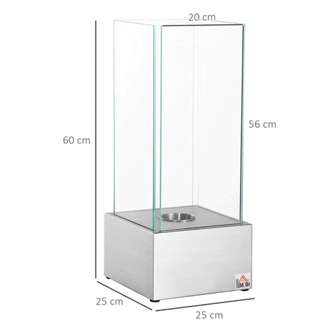 Rootz Ethanol Fireplace - Freestanding - Stainless Steel + Tempered Glass - Silver - 25 x 25 x 60cm