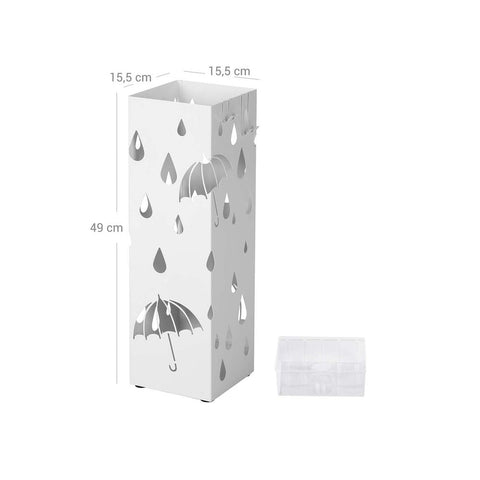 Rootz Umbrella Stand - Metal Umbrella Stand With Hooks - Modern Umbrella Stand - Tall Umbrella Stand - Umbrella Rack - Sheet Iron - White - 15.5 x 15.5 x 49 cm