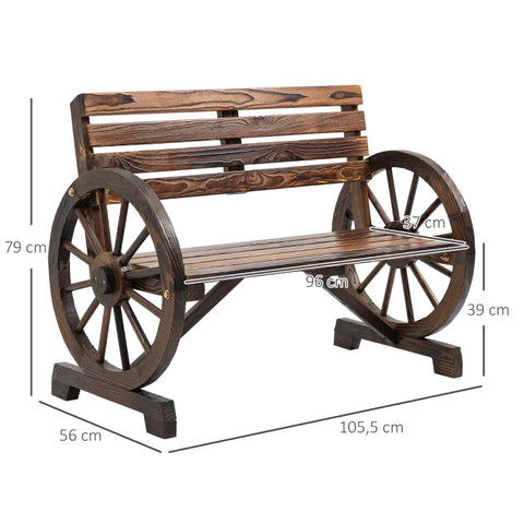 Rootz Garden Bench - Wagon Wheel Design - For 2 People - Natural Wood - Dark Brown - 105.5 x 56 x 79cm