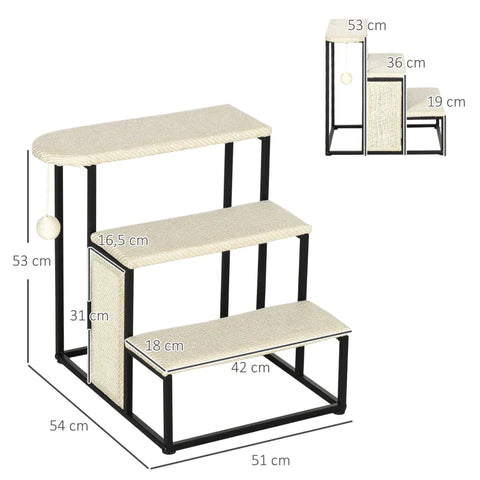 Rootz Cat Stairs - With Scratching Board - 3 Steps - Toy Ball - Robust - Steel + Sisal - Cream White + Black - 51 x 54 x 53 cm