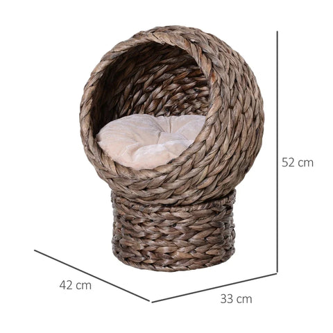 Rootz Water Hyacinth Cat Basket with Cushion - Cat Bed - Cat House - Pet Bed - Brown + Beige - 50cm x 42cm x 60cm