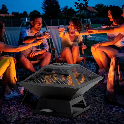 Rootz Fire Pit - Fire Bowl - Fire Basket - Fire Table - Round Fire Pit - For Garden Camping -  BBQ - With Poker Spark Protection - Steel - Black - 45 x 45 x 34 cm