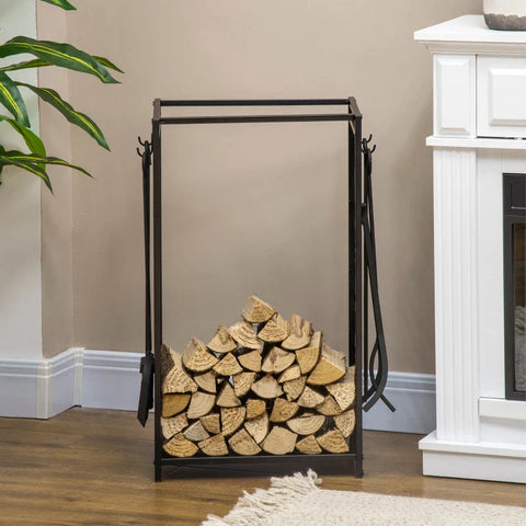 Rootz Firewood Stand With Fireplace Cutlery - Firewood Rack - Fireplace Tool - Steel - Black - 46 x 30 x 70 cm