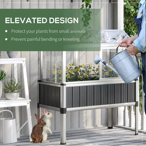 Rootz Raised Bed - Raised Planters with Greenhouse - Weather Resistant - Hinged Lid - Cover and Openable Windows - Gray + Silver - 114cm x 60cm x 129cm