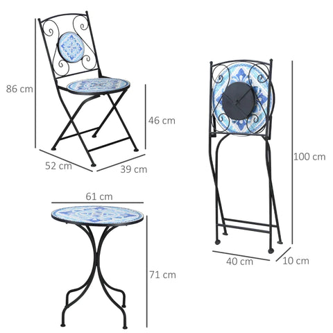 Rootz Bistro Set - Garden Seating Group Set - Garden Seating Set - Garden Bistro Set - 1 Table 2 Foldable Chairs - Ceramic/Steel - Black/Blue/White