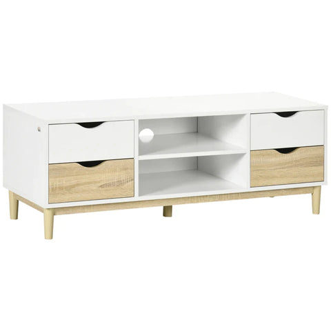 Rootz TV Bench With 4 Drawers - 2 Compartments - Cable Opening - Chipboard - Natural + White - 120 cm x 40 cm x 44.5 cm