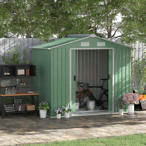 Rootz Tool Shed - Garden Shed with Sliding Doors - Foundation - Weatherproof - Steel - Green - 213 x 130 x 185cm