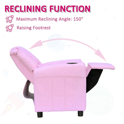 Rootz Children's Armchair - Mini Armchair - Children's Sofa - Recliner Armchair - Reclining Function - Built-in Cup Holder - Pink - 62 x 52 x 69 cm