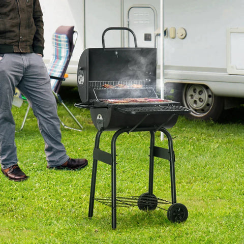 Rootz Charcoal Grill - Mobile BBQ grill with Wheels - Metal Lid - Black - 68cm x 63cm x 102cm