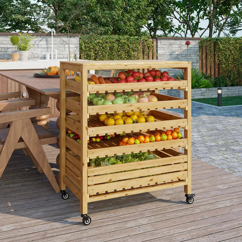 Rootz Vegetable Rack with 5 Shelves - Fruit Crate - Vegetable Crate - Weather Resistant - 4 Wheels - Natural - 73 cm x 45 cm x 91 cm
