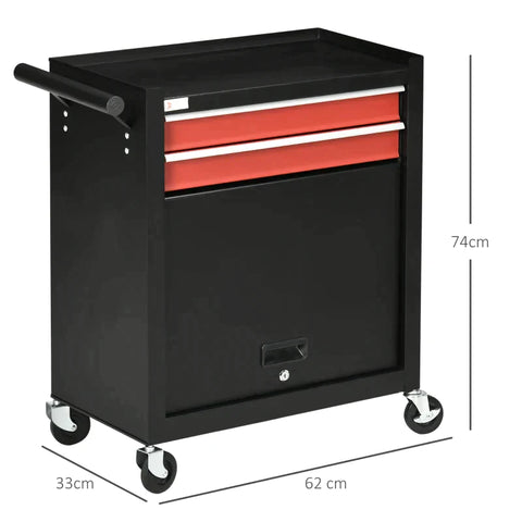 Rootz Workshop Trolley - Tool Trolley - Cabinet - 4 Wheel 2 Drawer 1 Cabinet - Steel - Red/Black - 62cm x 33cm x 74cm