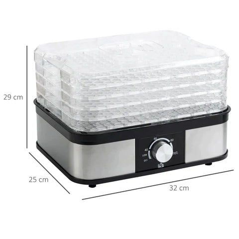 Rootz Dehydrator - Food Dehydrator - 5 Levels Dehydrator - Stainless Steel/PS/ABS - Silver/Transparent - 32 x 25 x 29cm