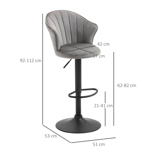Rootz Set Of 2 Bar Stools - Swivel Bar Chairs - With Backrest Velvet Touch - Height Adjustable - Armless Foam - Grey - 51 x 53 x 92-112cm