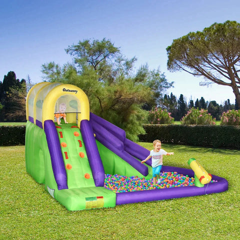 Rootz Inflatable Bouncy Castle - Inflatable Castle - With Fan Bouncy Castle - With Water Park - Climbing Wall Trampoline - For Children From 3 To 8 Years - Green/Purple/Yellow - 395 x 355 x 235 cm