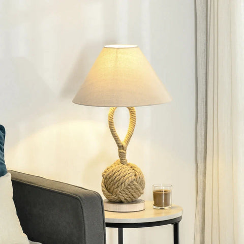 Rootz Table Lamp - Maritime Design - Hemp Rope - Living Room - Bedroom - Dining Room - Brown + White - 35L x 35W x 57.5H cm