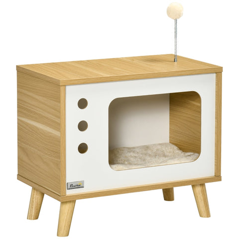Rootz Cat House - TV Design Cat Cave Includes Toy - Washable Cushion - Oak + Beige + White - 50cm x 28cm x 43cm