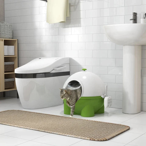 Rootz Cat Litter Box - Strainer - Scoop - Cats Up To 4kg - Easy To Clean - Cute Design -  Plastic - Green + White - 53L x 51W x 48H cm