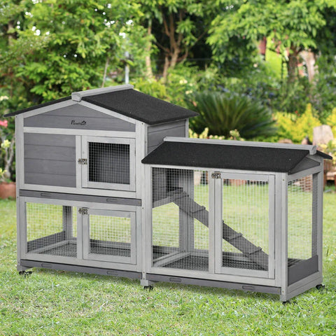 Rootz Rabbit Hutch - Small Animal Hutch with Wheels - Outdoor Enclosure - Asphalt Roof - Small Animal House - Two Tier - Fir Wood - Steel - Grey - 157.4 x 53 x 99.5 cm
