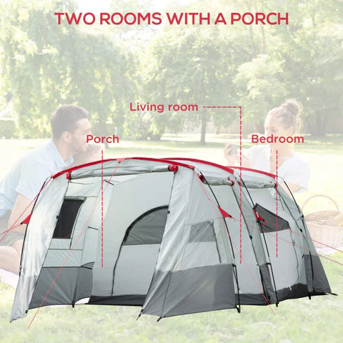 Rootz Camping Tent - Tunnel Tent - Camping Tent With Bedroom - Living Room - Sewn-in Floor - 3 Doors And Carry Bag - 2000mm Water Column For Fishing - Hiking - Sports - Traveling - Grey - 5.10x2.40x1.80m