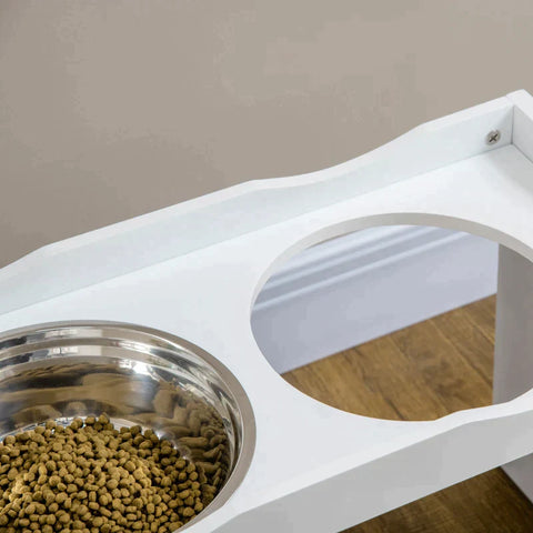 Rootz Feeding Station - Bowl Stand - Dog Feeding Station - 2 Feeding Bowls - For Large Dogs - Stainless Steel/MDF - White - 63 x 30 x 24cm