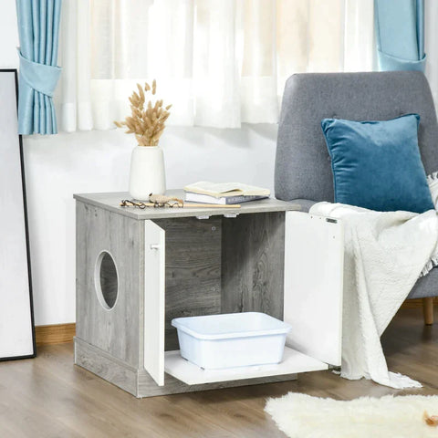 Rootz Cat Cabinet for Litter Box - Litter Box - Side Table - Cat House with Door -  Bedside Table - Grey Oak + White - 60 x 55 x 62.5 cm