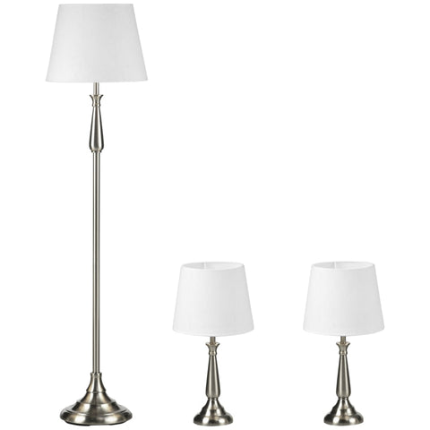 Rootz Floor Lamp - Bedside Lamp - 3-piece Vintage Design Lamp Set - 2 Table Lamps - 1 Floor Lamp - Silver/White - 35.5cm x 35.5cm x 146cm
