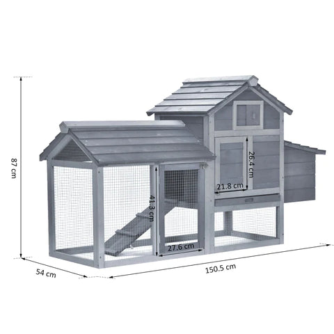 Rootz Chicken Hutch - Bantam Chicken Coop - Chicken House - Removable Floor Pan - Fir Wood - Grey - 150.5 cm x 54 cm x 87 cm