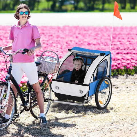 Rootz Children's Bicycle Trailer - Suitable 2 Children - Steel Frame - Seat Carrier - Safety Belt - Children From 18 Months - Oxford Fabric - Steel - Blue + White - 130x76x88 cm