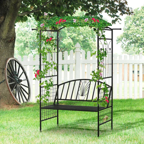Rootz Plant Arch With Bench - 2-seater Bench - Garden Arched Roof - Flower Climber - Metal - Black - 154 x 60 x 205 cm