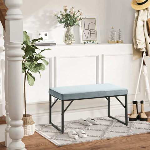 Rootz Seating Bench - Upholstered Cushion - Shoe Bench- Hallway Bench- Including Upholstery - Velvet Polyester - Light Blue + Black - 100L x 35B x 47H cm