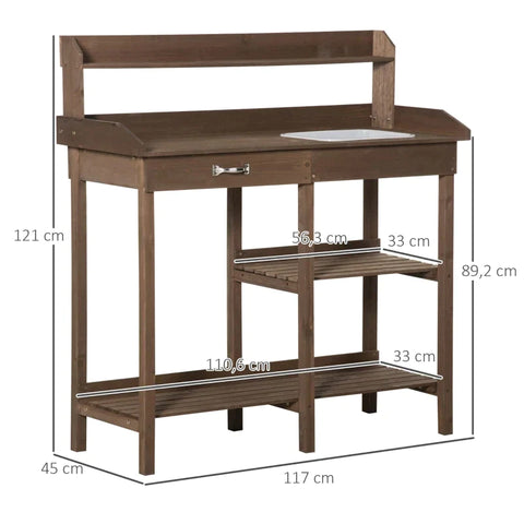 Rootz Planting Table - Planting Table With Tray - Fir Wood - Brown - 117 x 45 x 121 cm