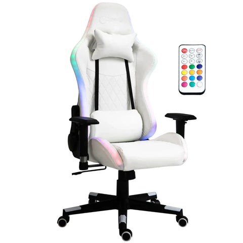 Rootz Gaming Chair With Rgb Led Lighting - Ergonomic Office Chair - Swivel Chair With Cushion - Adjustable Backrest - Faux Leather - White + Black - 68 x 68 x 126-136 cm