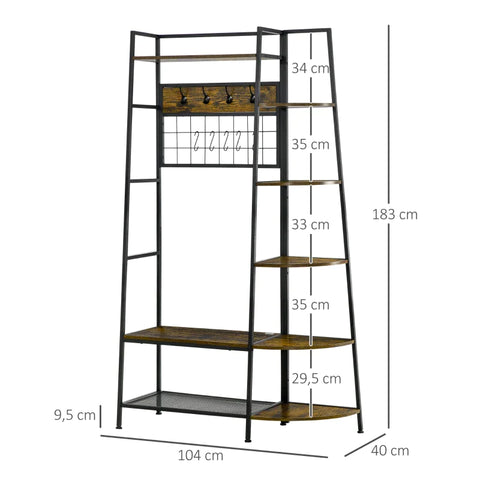Rootz Coat Rack - 4-in-1 Wardrobe In Industrial Design - Shoe Bench - 5 Shelves - Shoe Rack - Coat Hook - 104 cm x 40 cm x 183 cm