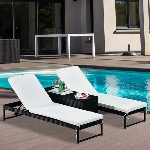 Rootz Lounge Chairs - Polyrattan Three Piece Set Sun Lounger - Garden Lounger - Tea Table - Metal - Polyester - Black/White - 195 x 60 x 86 cm