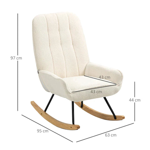 Rootz Rocking Chair - Rocking Chair With Sherpa Fleece - Rubberwood - Steel - Foam - Natural + Cream - 63 cm x 95 cm x 97 cm