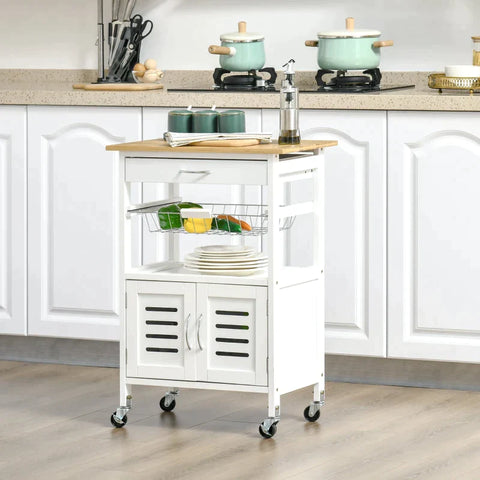 Rootz Kitchen Trolley - Rolling Kitchen Island Trolley - Utility Cart on Wheels with Bamboo Top - White - 58 cm x 37 cm x 83 cm