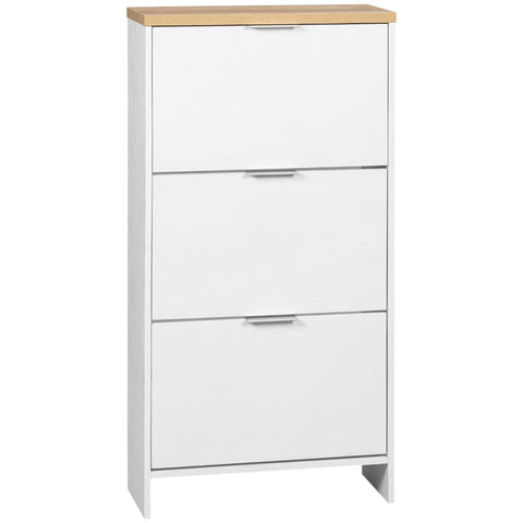 Rootz Shoe Cabinet - 3 Tilting Compartments - 12 Pairs Of Shoes - Adjustable Shelves - MDF - Natural + White - 60L x 24W x 120H cm