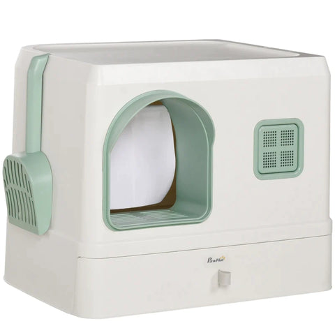 Rootz Cat Litter Box with Cover - 1 Litter Scoop - Removable Base Tray - Mint Green + White - 50cm x 40cm x 40cm