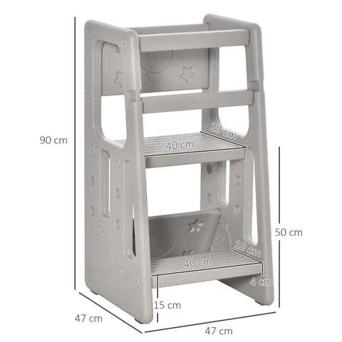 Rootz Kids Step Stool - Learning Tower - 3-level Height Adjustable - Dining Room - Non-slip Feet - Robust Plastic - Gray - 47 x 47 x 90cm