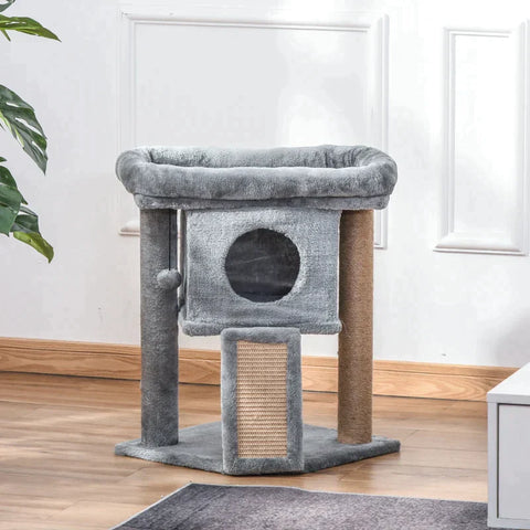 Rootz Cat Tree - Cat Tree with Jute Scratch Mat - Hanging Ball - Scratcher Board - Cat Furniture with Door Hole - Pet Furniture - Light Grey - 40 x 40 x 57 cm