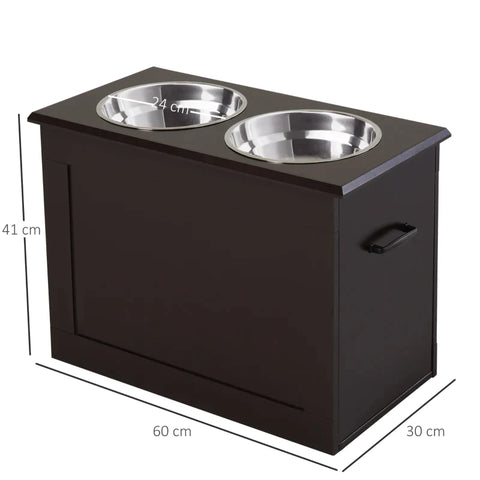 Rootz Feeding Station - 2 Stainless Steel Feeding Bowls - Hidden Storage - White + Silver - 60cm x 30cm x 41cm