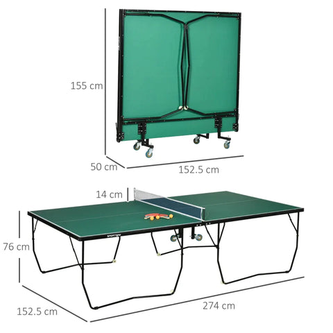 Rootz Table Tennis Table - Full Size - Foldable - 8 Wheels - Including Rackets And Balls - Green - 2.74 x 1.52 x 0.76 m