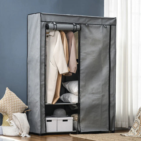 Rootz Fabric Wardrobe - Portable Fabric Cabinet - Foldable Coat Rack - 4 Shelves - 2 Hanging Rails - Steel+Non-woven - Light Grey -  118 x 49 x 170 cm